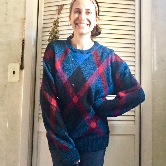 {Vintage} 100% Shetland Wool Plaid Grandpa Sweater - Picture 2 of 8